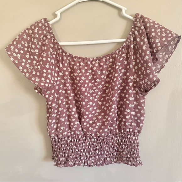 Flutter sleeve sweetheart ditsy floral smocked waist crop top blouse w/ buttons - Picture 6 of 11